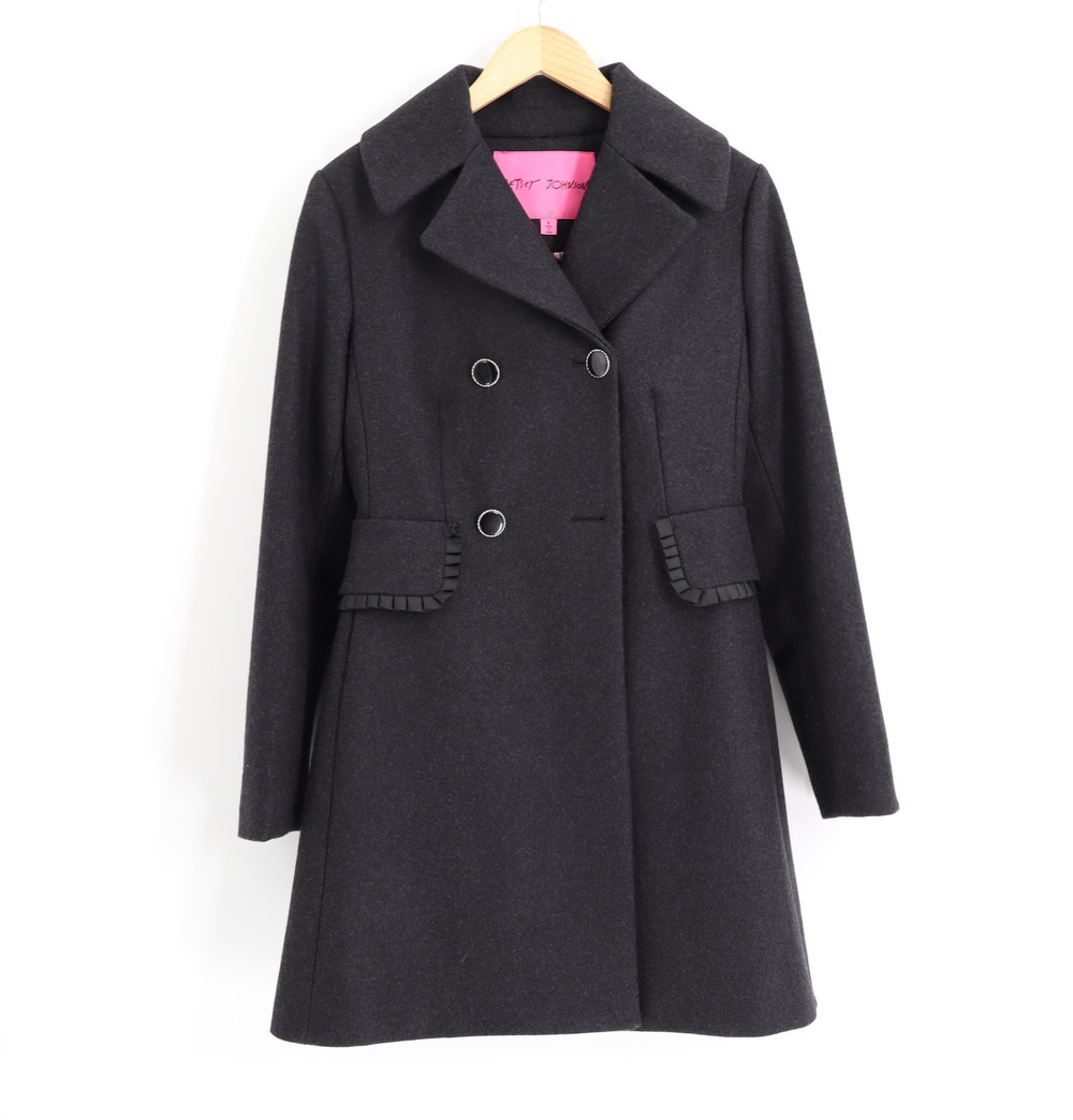 Betsey Johnson 4 Black Wool Double Breasted Pea Coat Jacket Ruffle Pockets